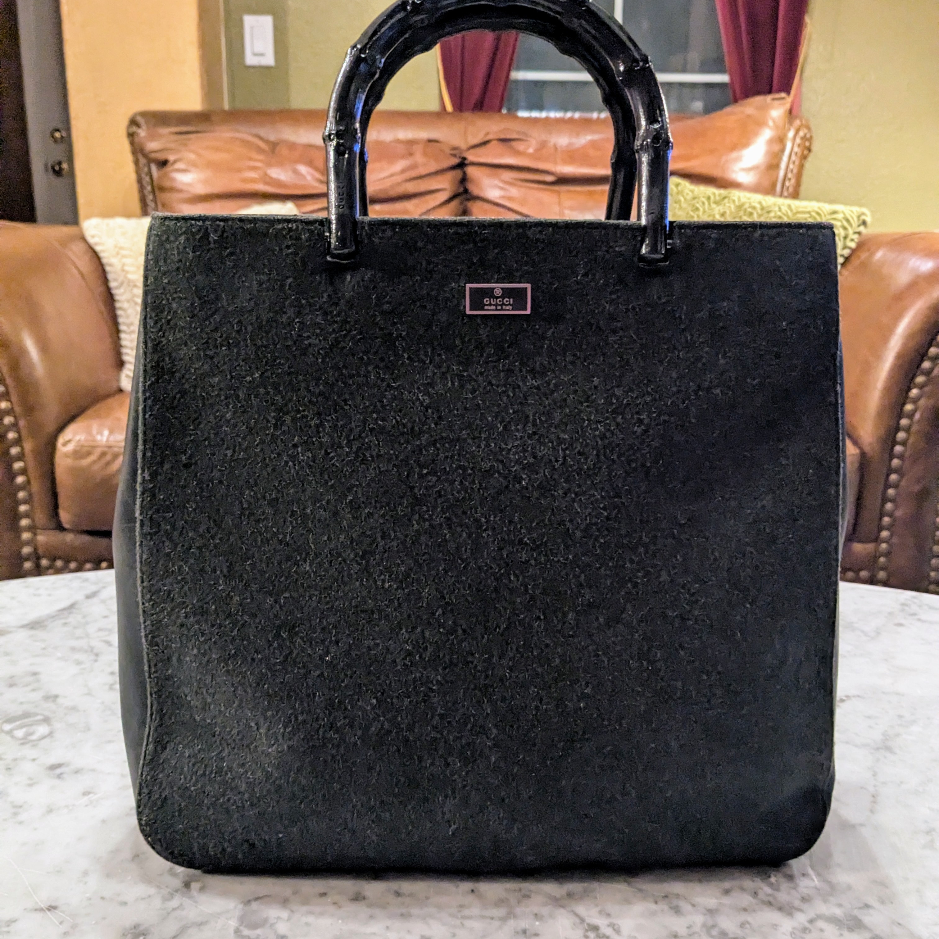 Gucci Diana Black/Grey Leather & Wool Tote Sith Bamboo Handles Euc